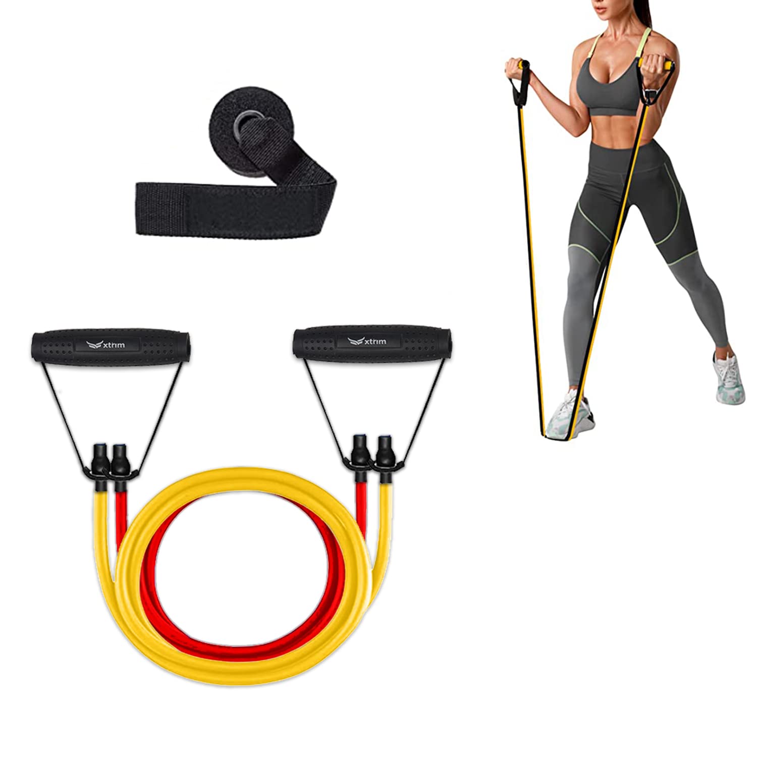 One Size Fits All Unisex Leather Gym Gloves + Resistance Bands with Non-Slip Grip Handles & Stretchable Bands ( BUY 1 GET 1 FREE )