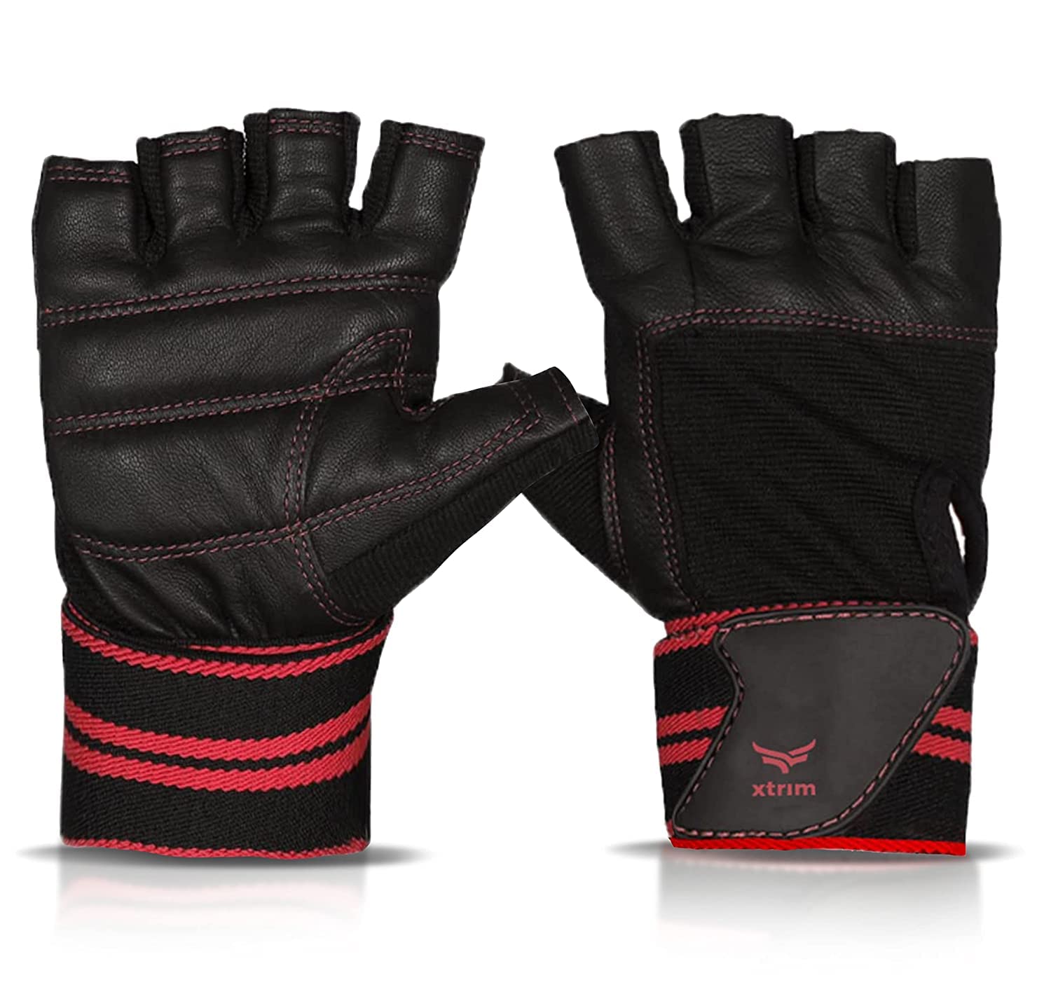 One Size Fits All Unisex Leather Gym Gloves, for Professional Weightlifting, Fitness Training and Workout, with Half-Finger Length, Wrist Wrap for Protection and Tactical Thumb (Black)