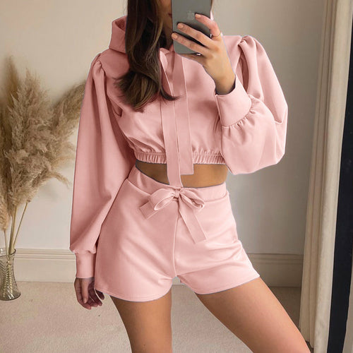 Solid Tracksuit Sportswear Women Long Sleeve Hooded Sweatshirt And Tie - Indicart