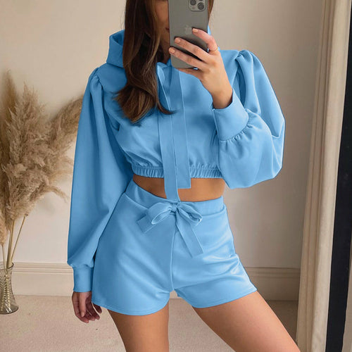 Solid Tracksuit Sportswear Women Long Sleeve Hooded Sweatshirt And Tie - Indicart