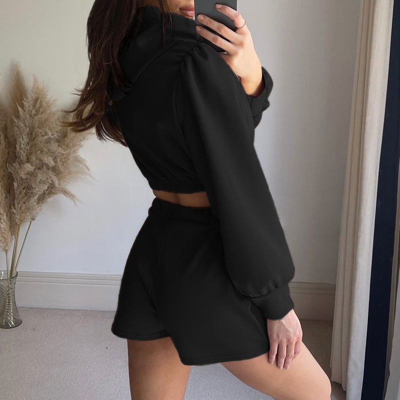 Solid Tracksuit Sportswear Women Long Sleeve Hooded Sweatshirt And Tie - Indicart