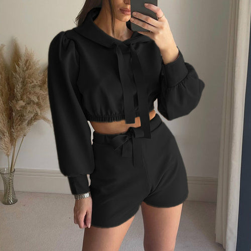 Solid Tracksuit Sportswear Women Long Sleeve Hooded Sweatshirt And Tie - Indicart