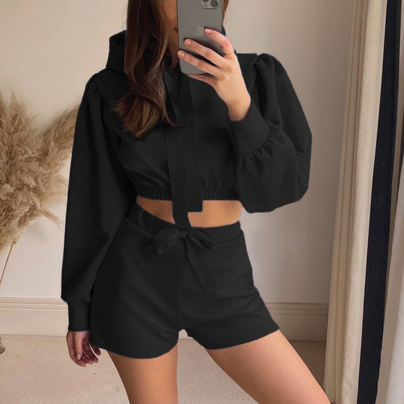 Solid Tracksuit Sportswear Women Long Sleeve Hooded Sweatshirt And Tie - Indicart