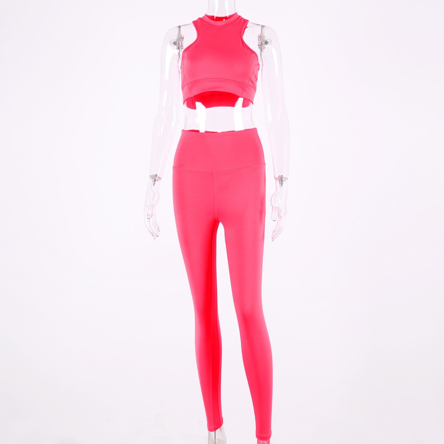 sleeveless camis elastic leggings two 2 pieces neon pink set - Indicart