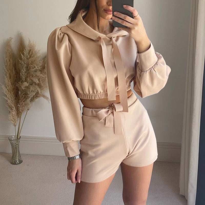 Solid Tracksuit Sportswear Women Long Sleeve Hooded Sweatshirt And Tie - Indicart