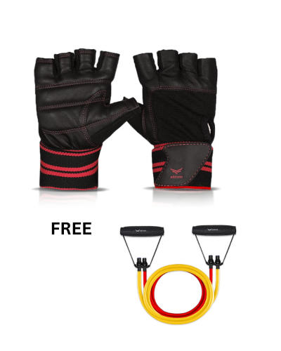 One Size Fits All Unisex Leather Gym Gloves + Resistance Bands with Non-Slip Grip Handles & Stretchable Bands ( BUY 1 GET 1 FREE )