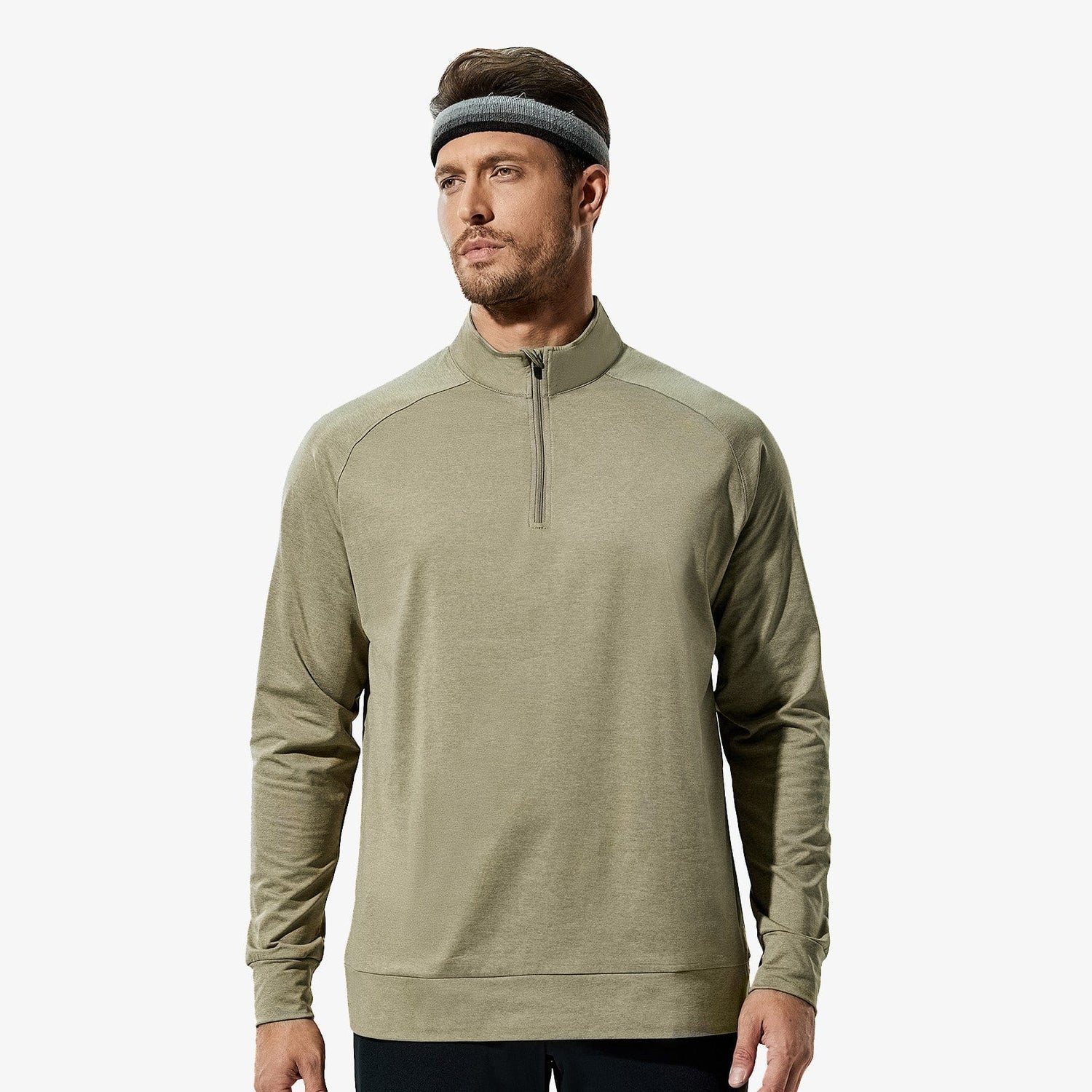 Men Quarter Zip Long Sleeve Pullover Shirts Brushed Back Fleece Men Shirts Brown Green / S MIER