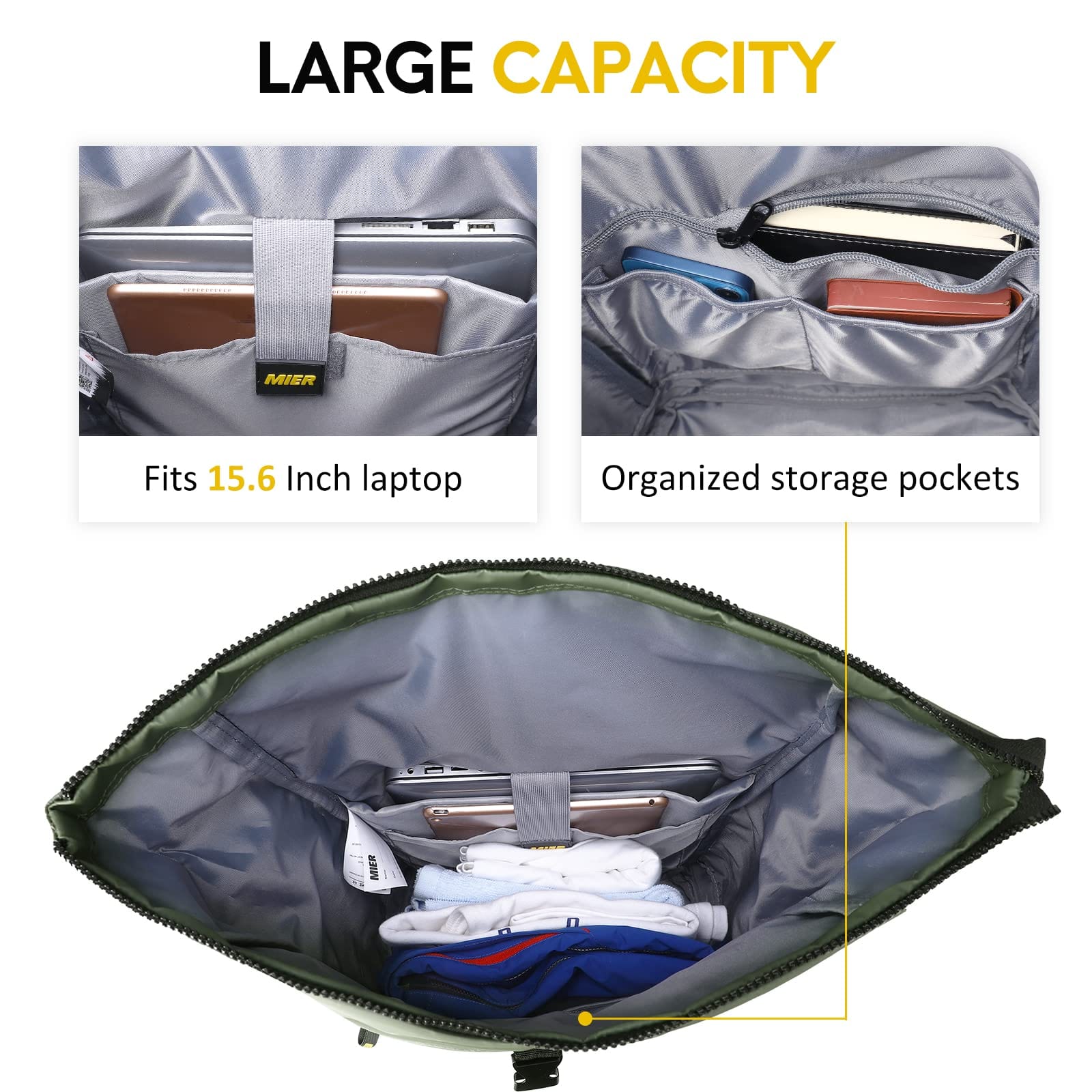 Roll-top Travel Backpack with Laptop Compartment Backpack Bag MIER
