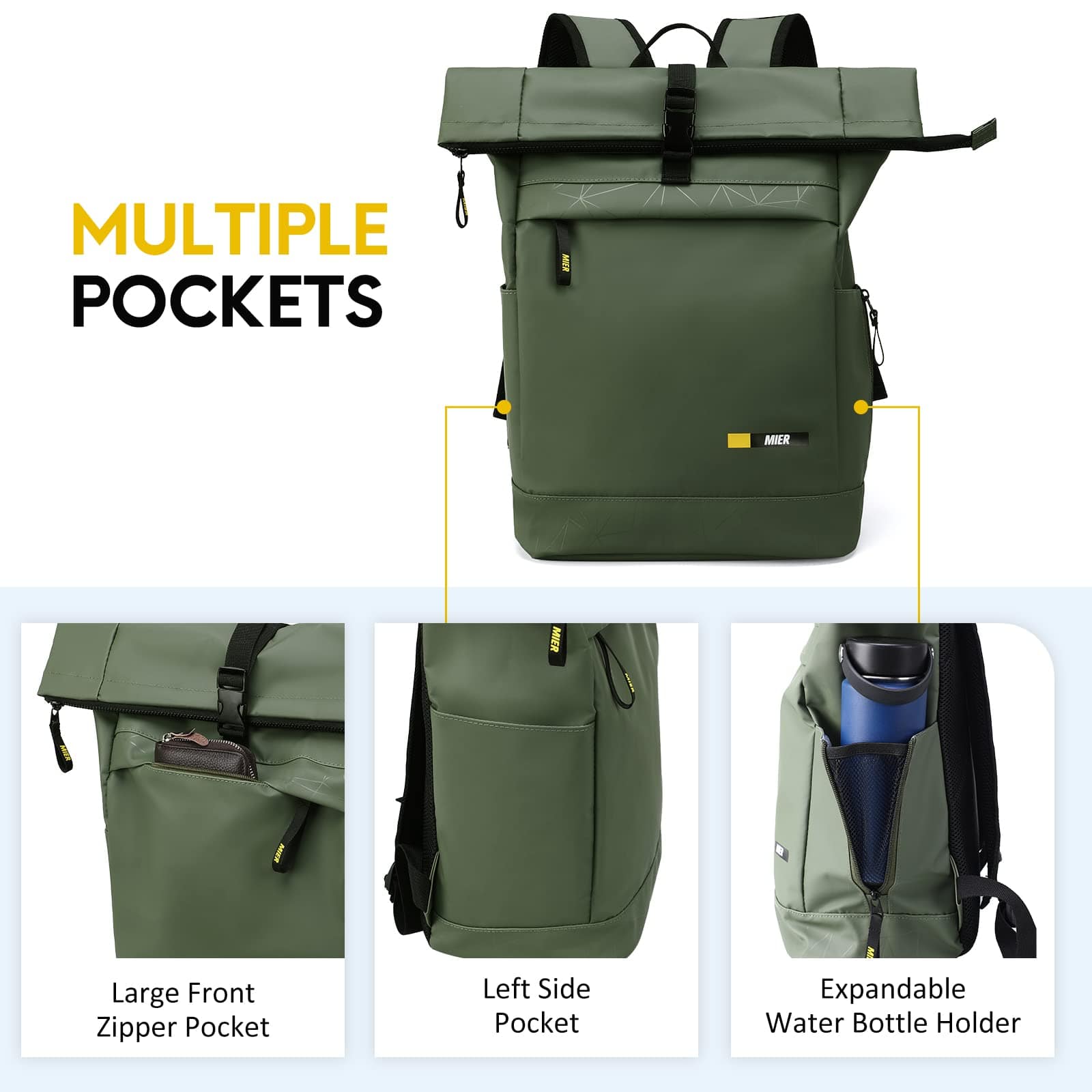 Roll-top Travel Backpack with Laptop Compartment Backpack Bag MIER