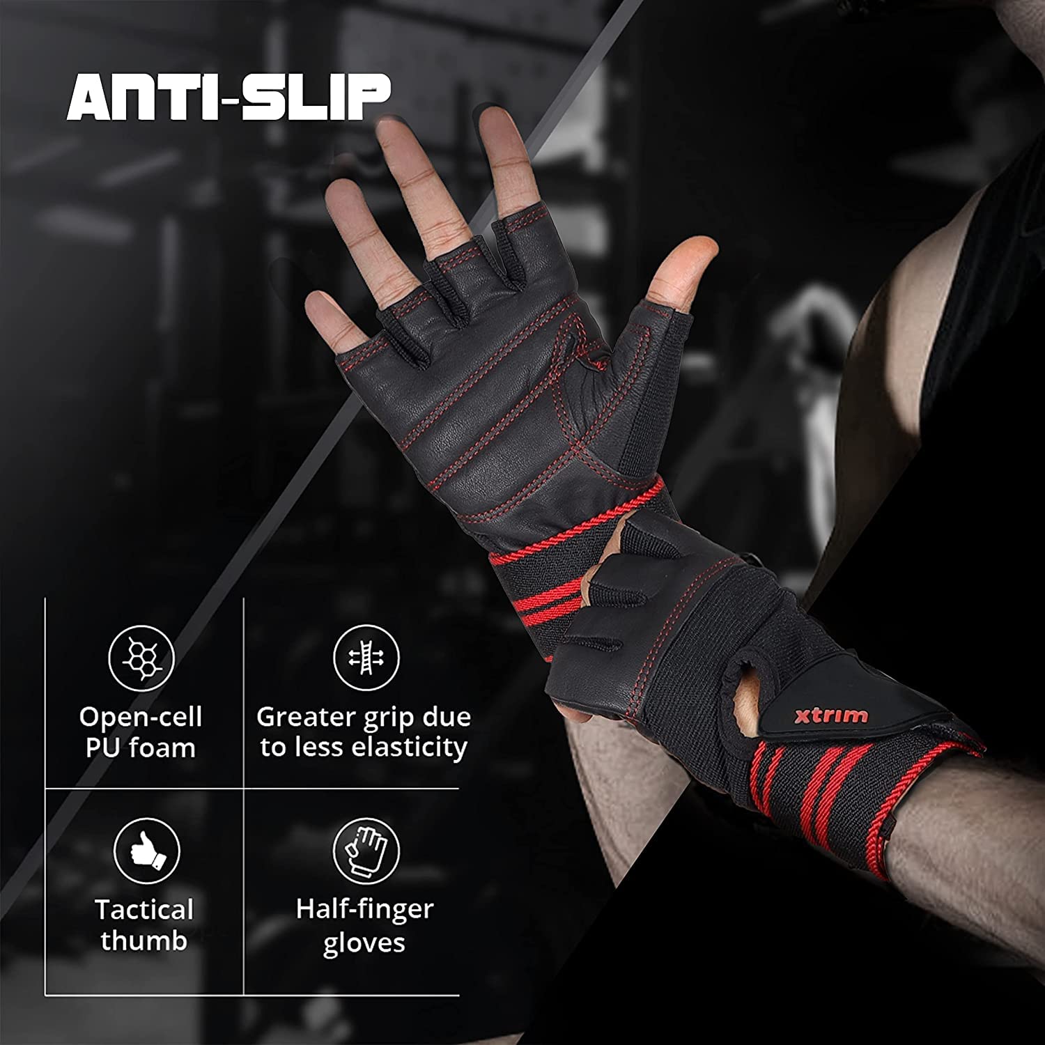 One Size Fits All Unisex Leather Gym Gloves, for Professional Weightlifting, Fitness Training and Workout, with Half-Finger Length, Wrist Wrap for Protection and Tactical Thumb (Black)