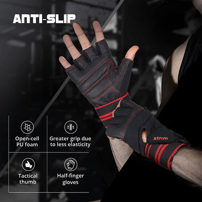 One Size Fits All Unisex Leather Gym Gloves, for Professional Weightlifting, Fitness Training and Workout, with Half-Finger Length, Wrist Wrap for Protection and Tactical Thumb (Black)