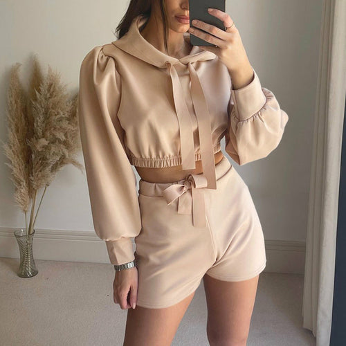 Solid Tracksuit Sportswear Women Long Sleeve Hooded Sweatshirt And Tie - Indicart