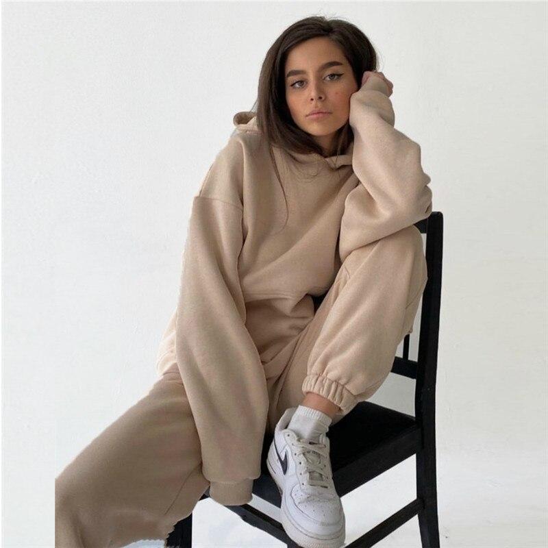 Hooded Sweatshirt Suit Joggers Women Set Casual Solid Sport 2Piece