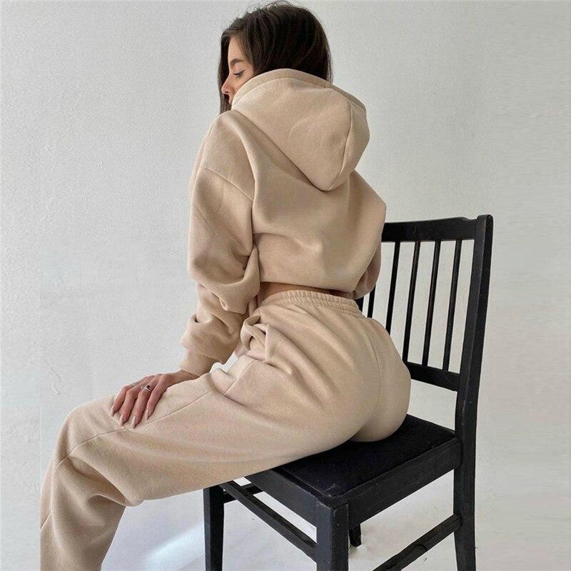Hooded Sweatshirt Suit Joggers Women Set Casual Solid Sport 2Piece