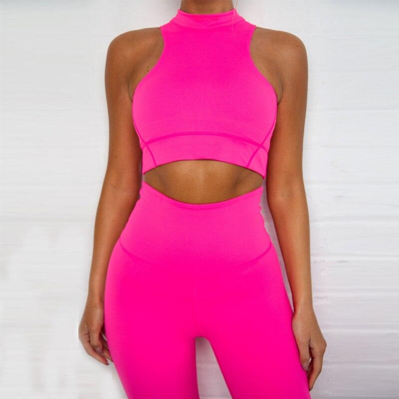 sleeveless camis elastic leggings two 2 pieces neon pink set - Indicart