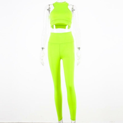 sleeveless camis elastic leggings two 2 pieces neon pink set - Indicart
