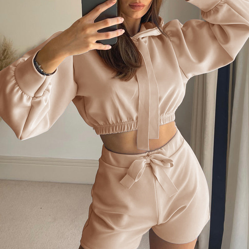 Solid Tracksuit Sportswear Women Long Sleeve Hooded Sweatshirt And Tie - Indicart