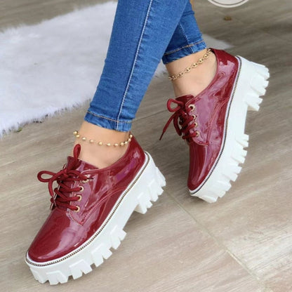 Thick Heel Increased Flat Platform Oxford Women Shoes Black/Red/Pink