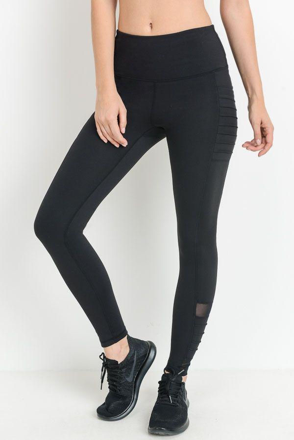 Highwaist Moto Ribbed Full Leggings with Mesh Leggings and Pockets