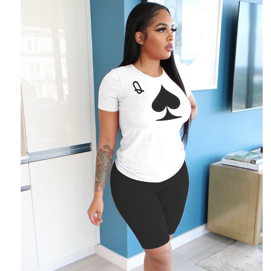 Women Poker Printed Short Sleeve Tops and Pants Two-piece Set - Indicart