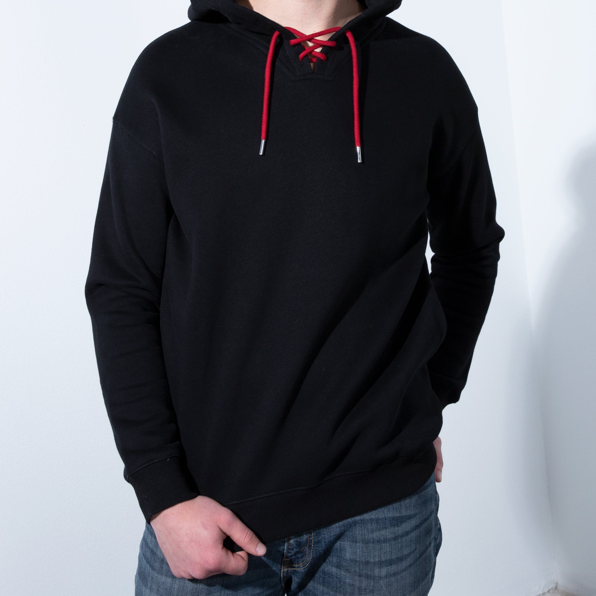 Black Hoodie with Colored drawstrings, Pullover casual sweatshirts