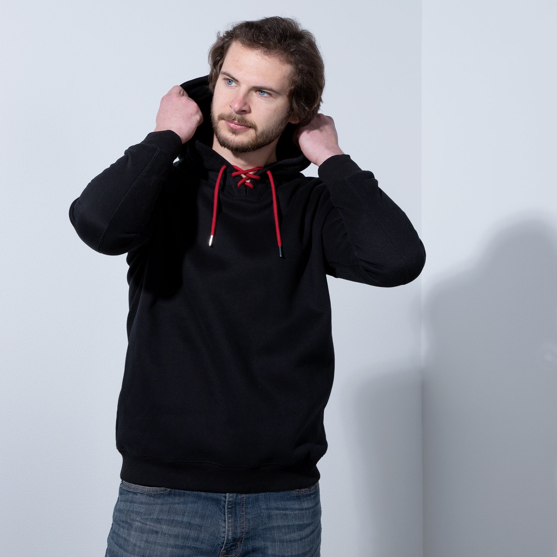 Black Hoodie with Colored drawstrings, Pullover casual sweatshirts