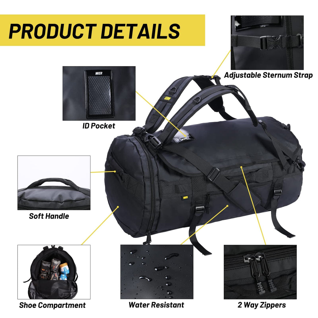 Large Duffel Backpack Sports Gym Bag with Shoe Compartment Backpack Duffel MIER