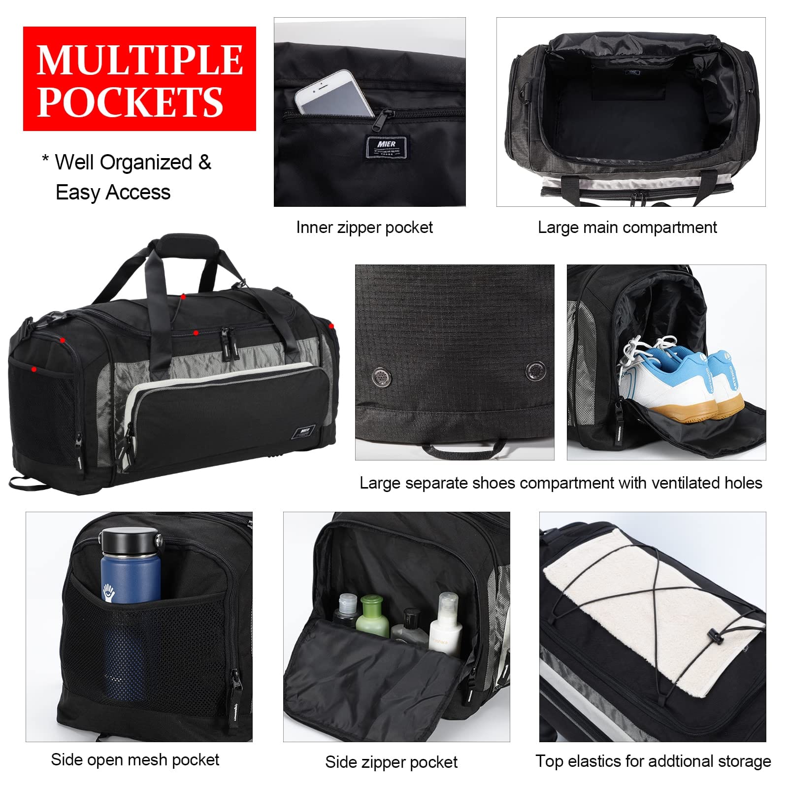 Large Sports Gym Bag Duffel Bag with Shoe Compartment, 60L Gym Duffel Bag MIER