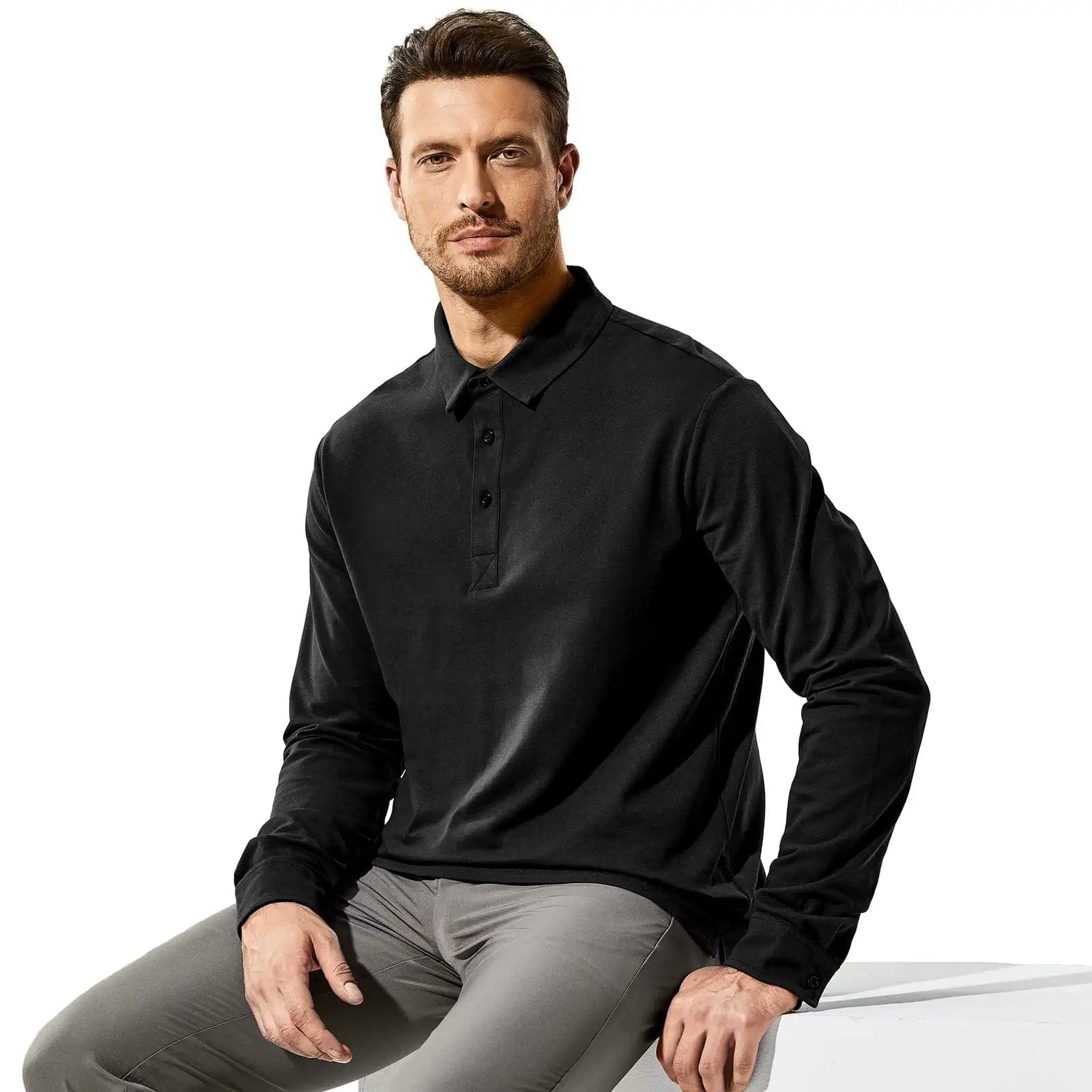 Men Long Sleeve Polo Shirts Regular-fit Cotton Golf Collared Shirt Men Polo MIER