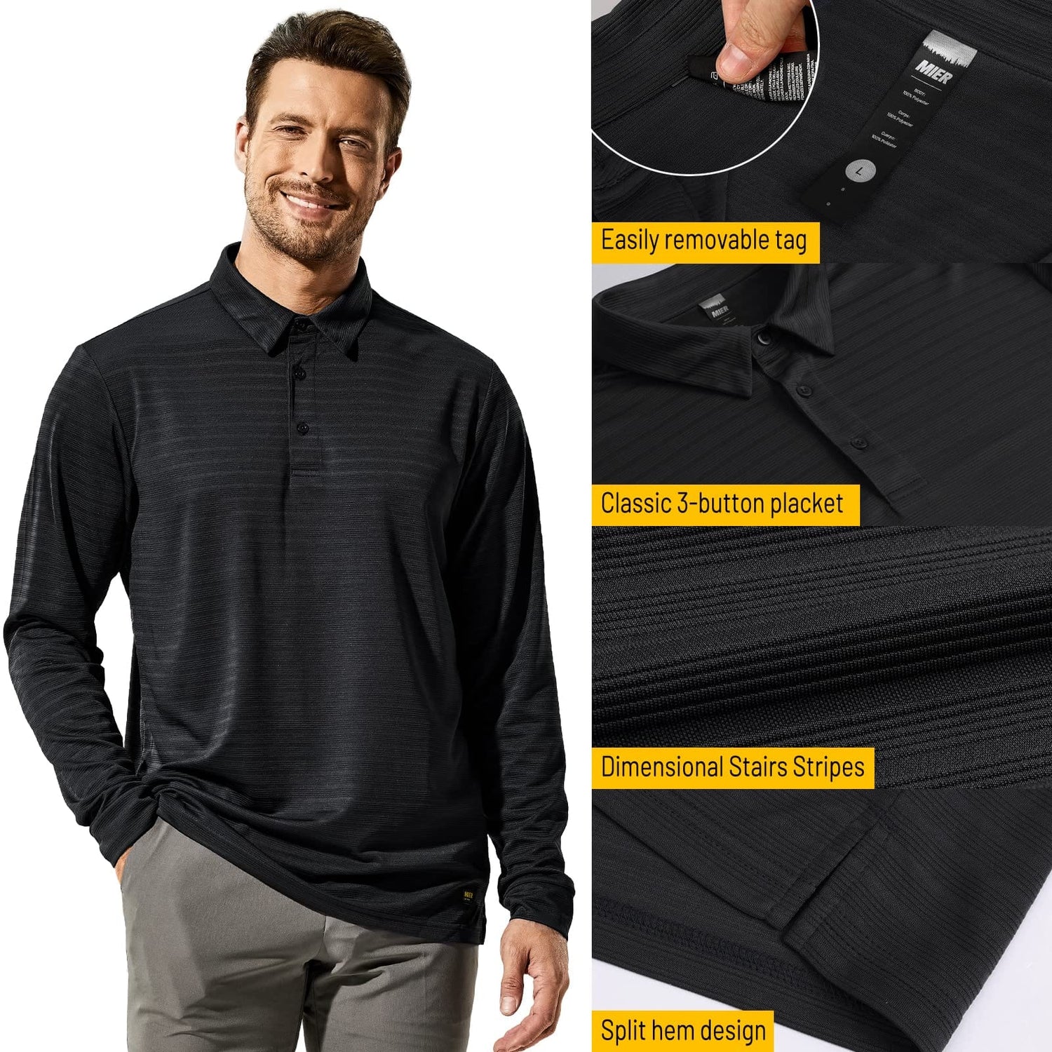 Men Long Sleeve Polo Shirts Striped Quick Dry Golf Shirts Men Polo MIER